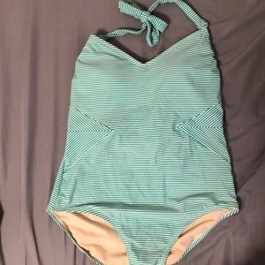 Halter green stripe one piece